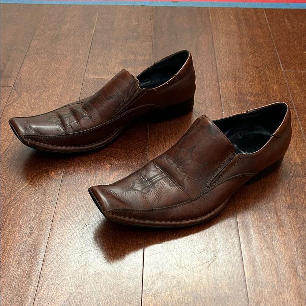 Aldo Men's Brown Leather Slip-On Loafers w/ Cross Design Imprinted, Size 10 (43)